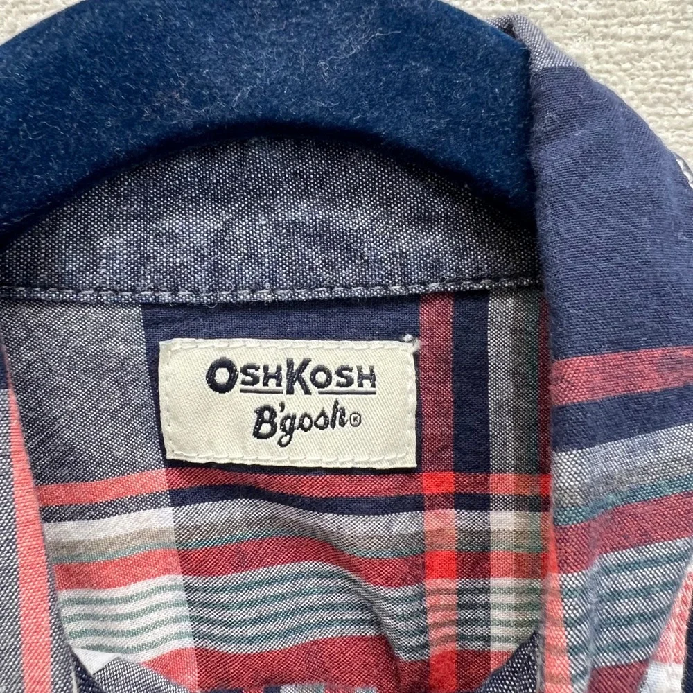 OshKosh Bgosh Plaid Button Down Shirt Boys‎ 6 Red Navy Blue Long Sleeve Pockets